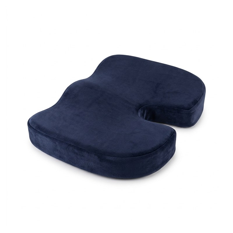Coussin coccyx ergonomique bleu marine en forme de biseau avec échancrure arrière en U