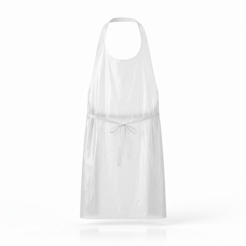 Tablier jetable blanc en plastique CPE avec tour de cou et liens à nouer à la taille