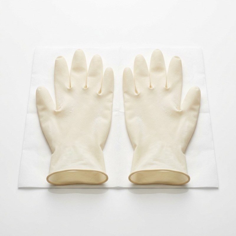 Paire de gants en latex stériles poudrés posés sur leur emballage papier stérile