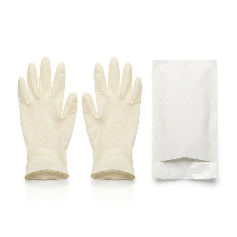 Paire de gants en latex stériles sans poudre à manchette roulée avec emballage pelable stérile