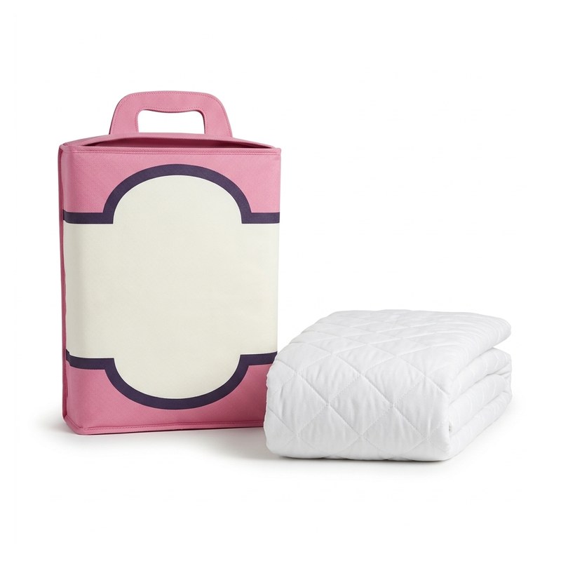 Protège-matelas 1,5 places matelassé blanc plié, présenté avec son sac de transport rose