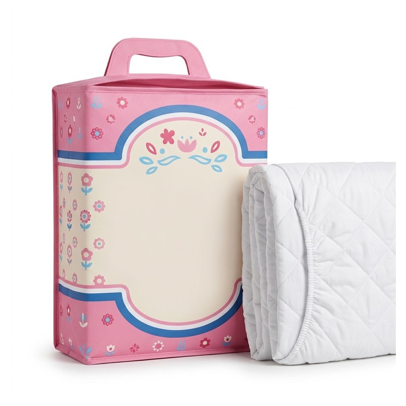 Protège-matelas 1 place matelassé blanc plié, présenté avec son sac de transport rose