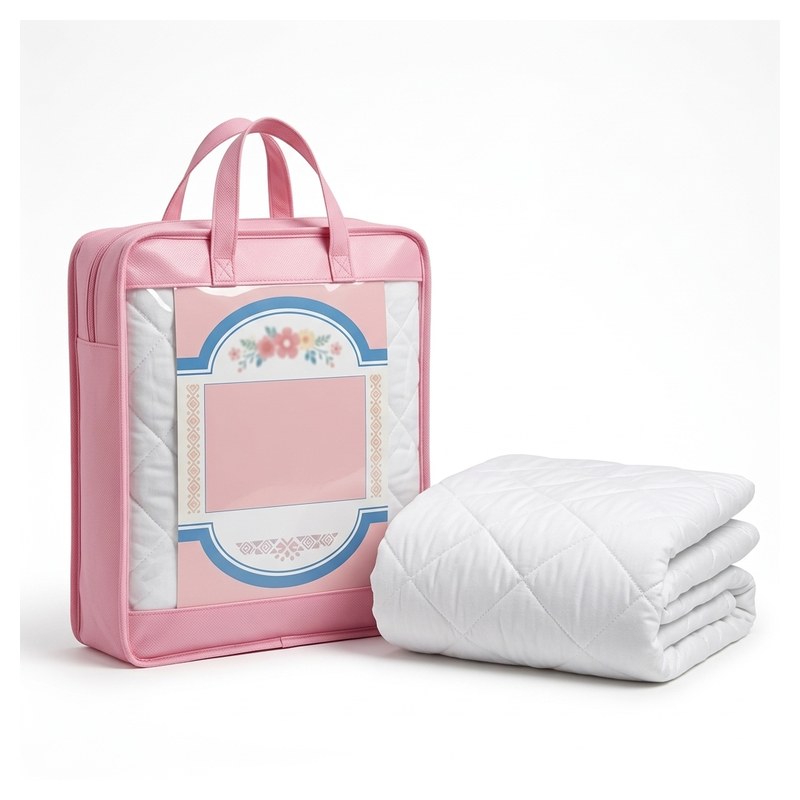Protège-matelas 2 places matelassé blanc plié, présenté avec son sac de transport rose