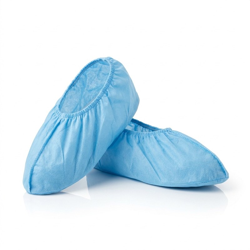 Paire de surchaussures jetables bleues en tissu non-tissé TNT avec ouverture élastiquée