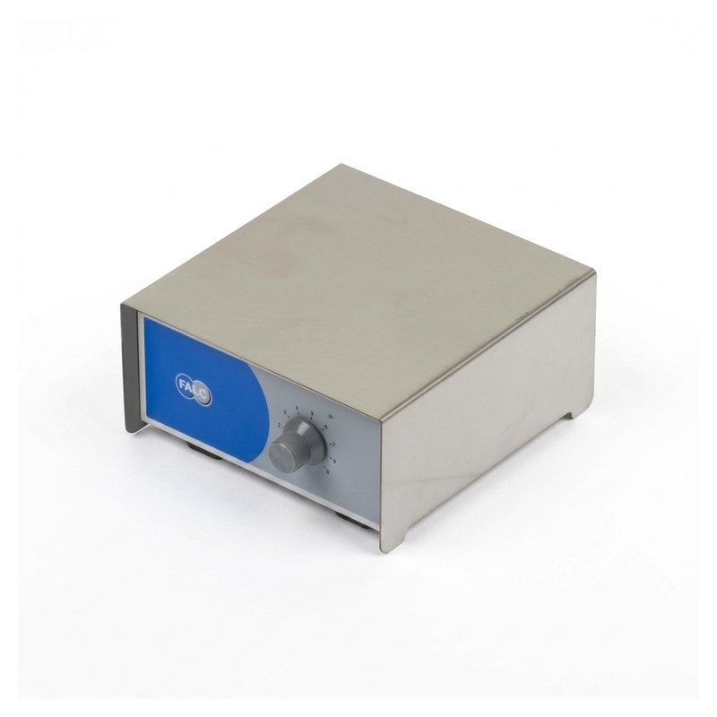 Agitateur magnétique de laboratoire Falc F20, boîtier inox et façade bleue avec molette de réglage