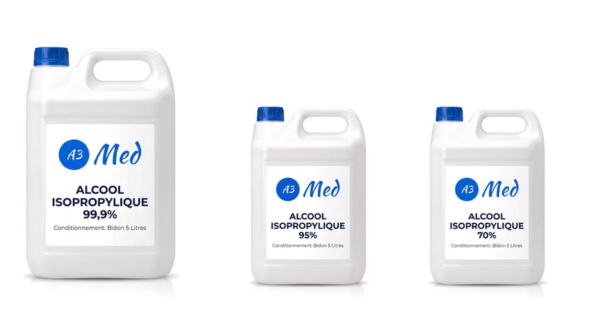 Bidons d'alcool isopropylique A3 Med 99,9 %, 95 % et 70 % en 5 litres