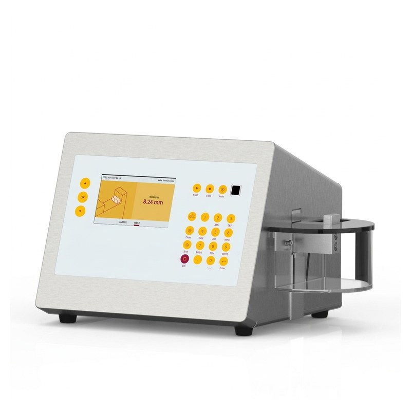 Appareil de dureté Pharma Test PTB 330 gris avec écran tactile jaune et clavier numérique