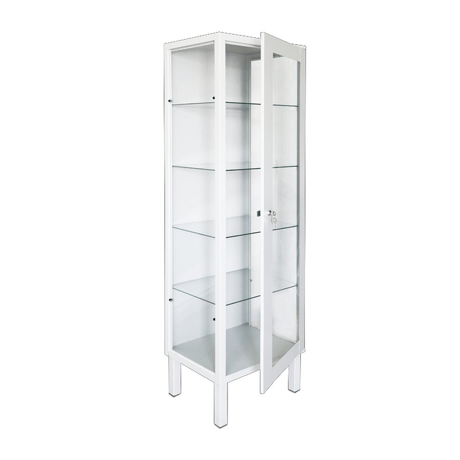 Armoire vitrée médicale à 1 porte en acier laqué blanc, étagères en verre et serrure