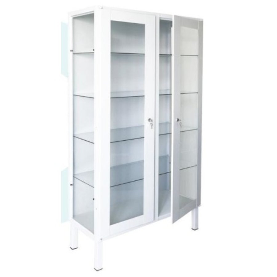 Armoire vitrée médicale à 2 portes en acier laqué blanc, étagères en verre et serrure