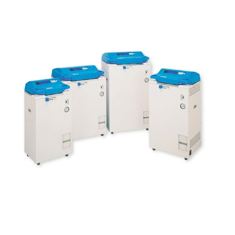 Gamme d'autoclaves de laboratoire Hirayama de tailles différentes, couvercle bleu et écran