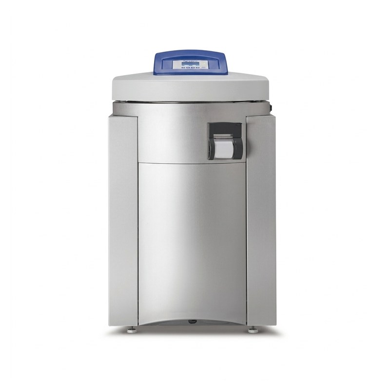 Autoclave de laboratoire Systec vertical en inox avec couvercle bleu et écran de contrôle