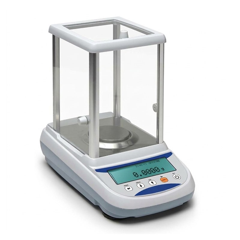 Balance analytique Optika BG214Ai blanche avec cage en verre et écran LCD rétroéclairé