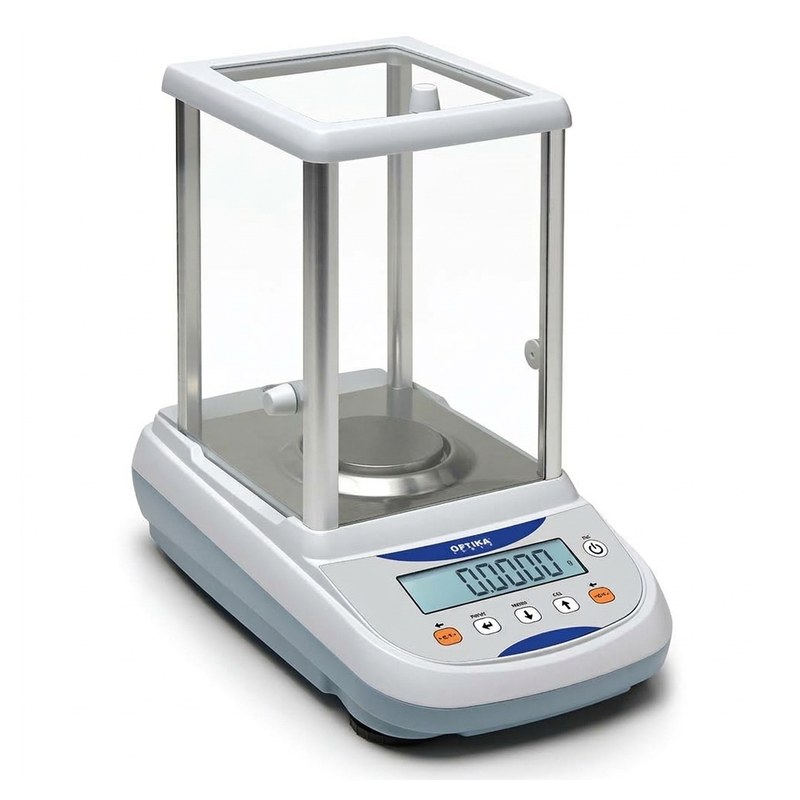 Balance analytique Optika avec cage de protection en verre et écran LCD numérique