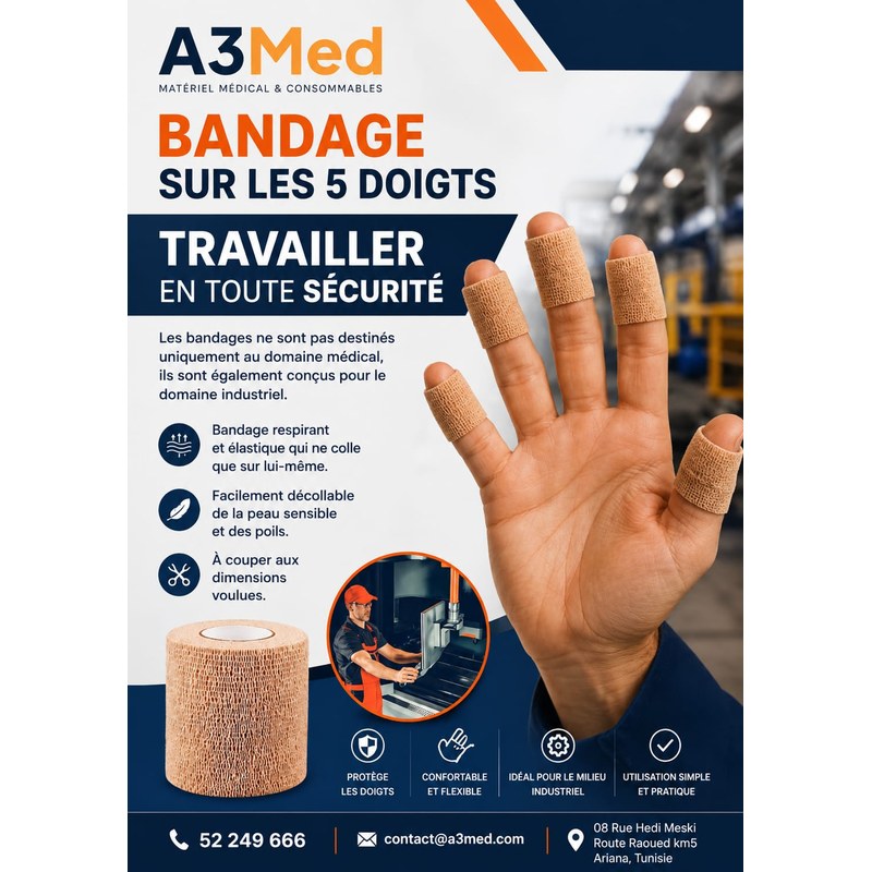 Bandage cohésif posé en anneaux sur les 5 doigts d'un opérateur en milieu industriel