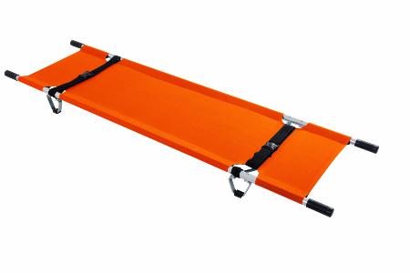 Brancard de secours pliable en 2 en aluminium orange, toile imperméable et ignifugée