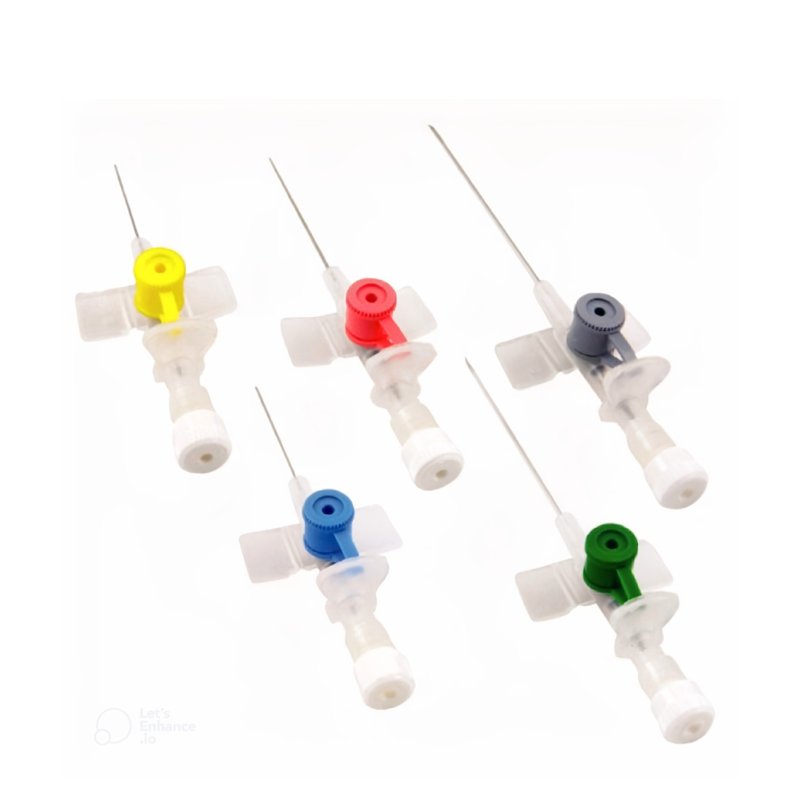 Branules cathéters intraveineux stériles avec ailettes et site d'injection — le calibre 24G porte le code couleur jaune