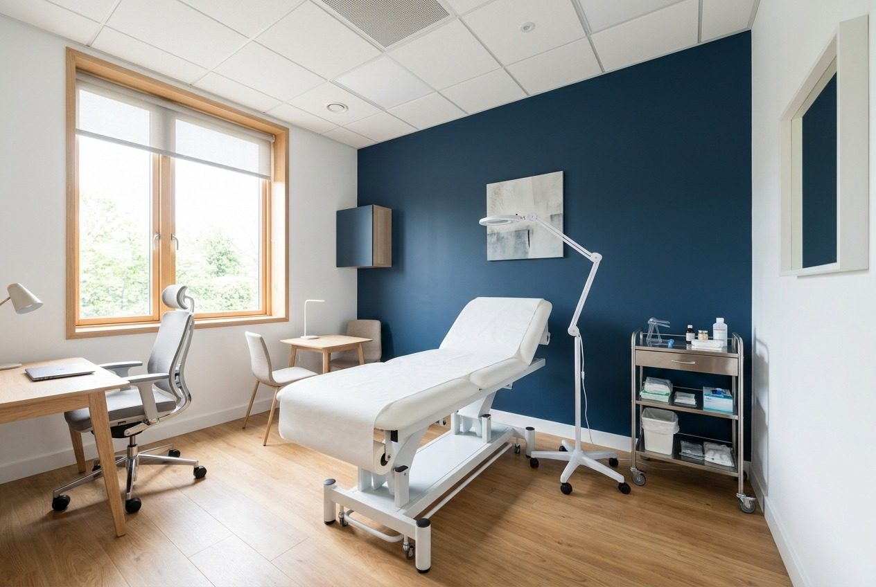 Salle de consultation moderne équipée : table d'examen, lampe sur pied et chariot de soins