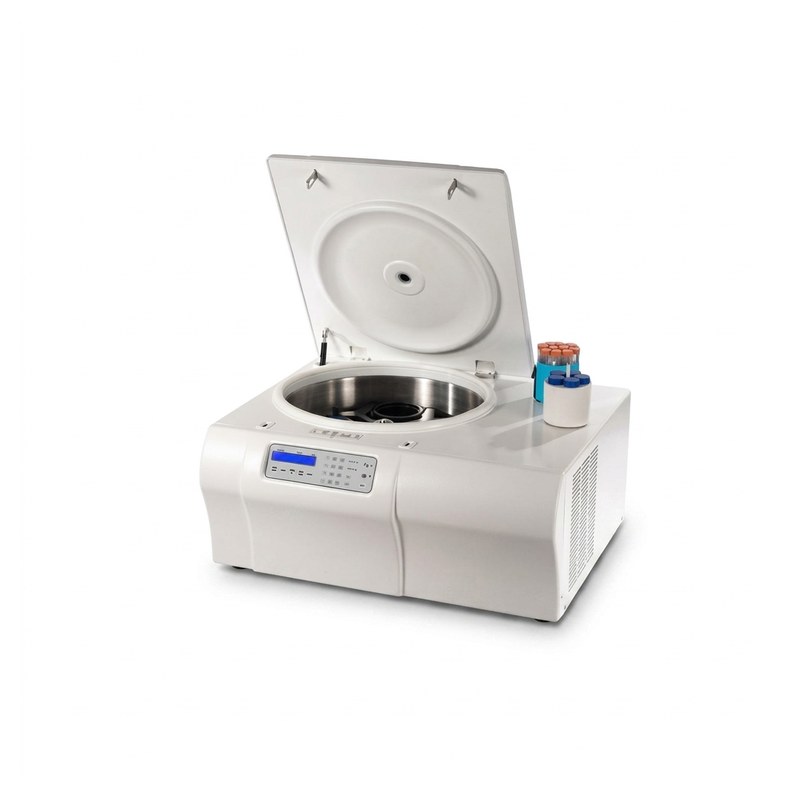 Centrifugeuse de paillasse Labtech, couvercle ouvert, rotor et afficheur numérique