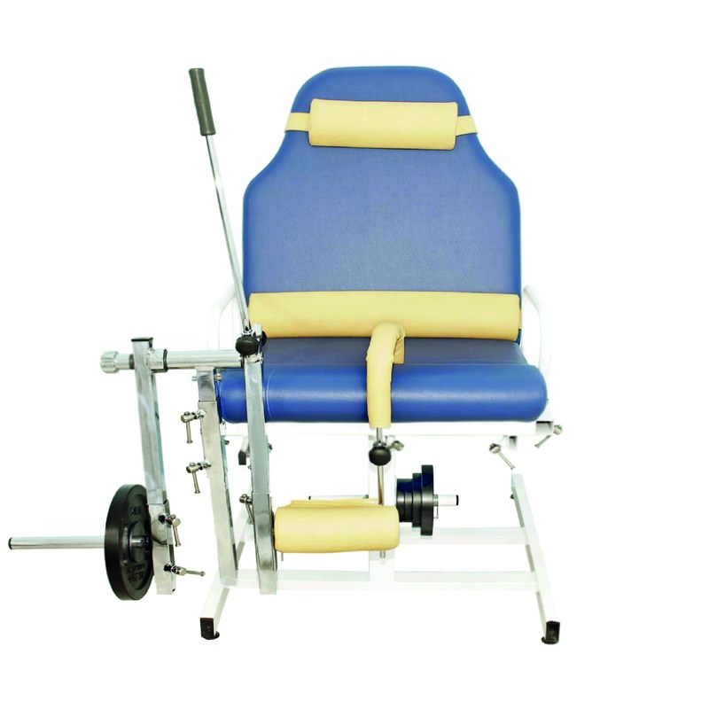 Chaise quadriceps de rééducation avec bras de charge, disques de 20 kg et ceintures de maintien
