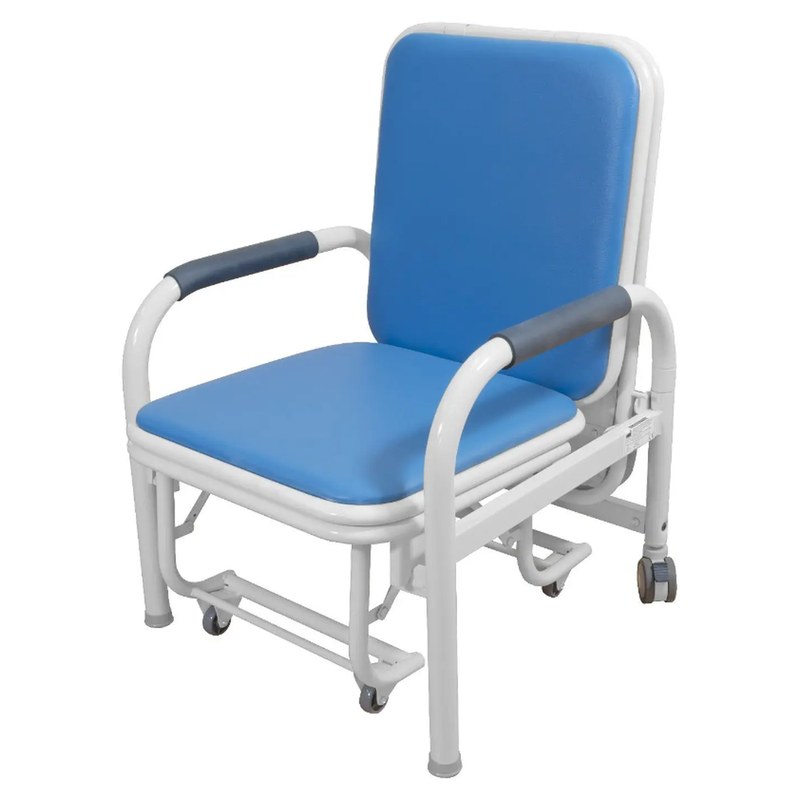 Chaise de repos transformable en lit d'appoint, structure époxy et assise rembourrée bleue, sur 6 roues