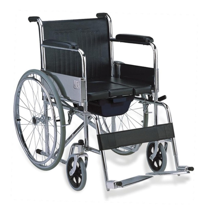 Chaise roulante avec pot 608 T, chaise percée mobile à cadre chromé, seau amovible avec couvercle
