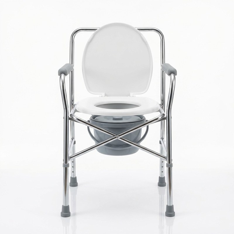 Chaise toilette fixe pliante à cadre acier chromé, assise avec couvercle et seau amovible, embouts antidérapants
