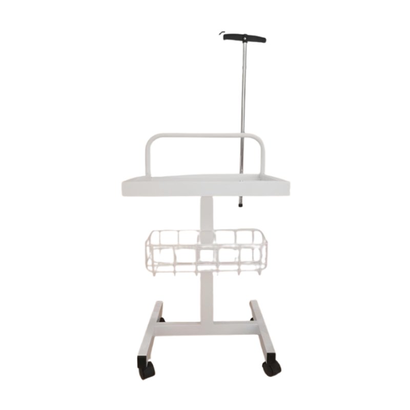 Chariot ECG blanc avec plateau, panier de rangement, potence et 4 roues dont 2 à frein