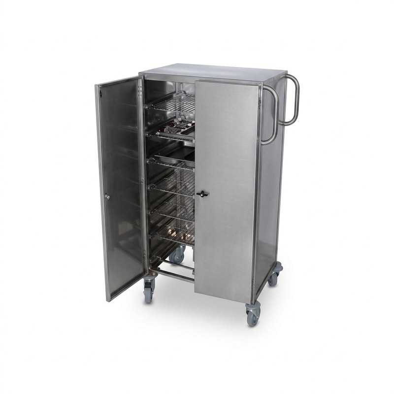 Chariot de distribution de repas en inox alimentaire, deux portes, rails intérieurs pour 20 plateaux
