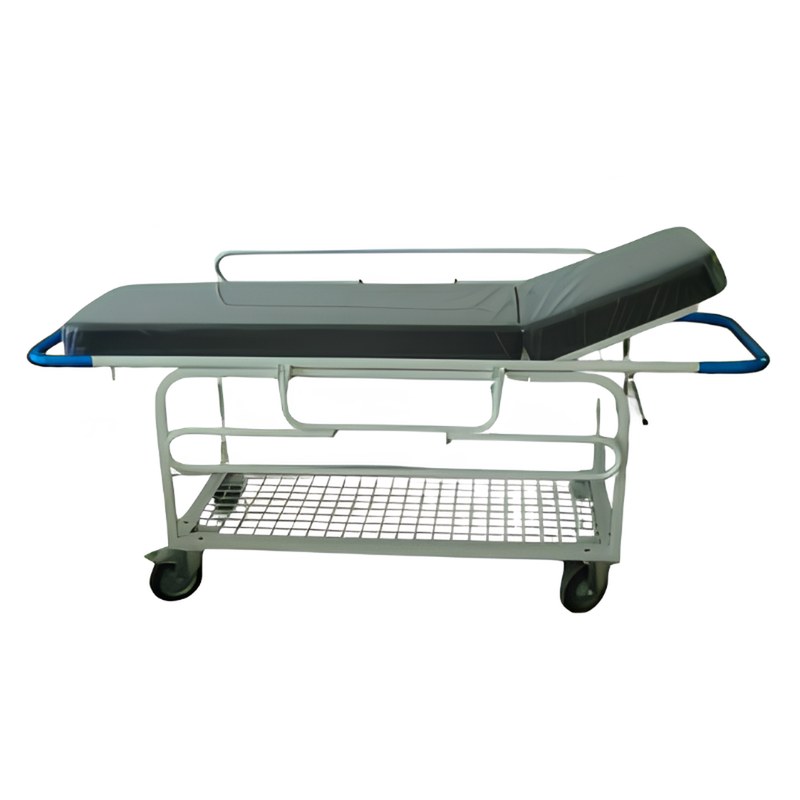Chariot de transport de malade en acier époxy blanc, matelas similicuir noir, ridelles et roues pivotantes