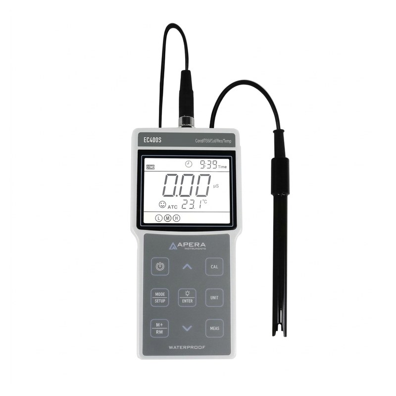 Conductimètre portable gris avec écran LCD et électrode noire à câble spiralé