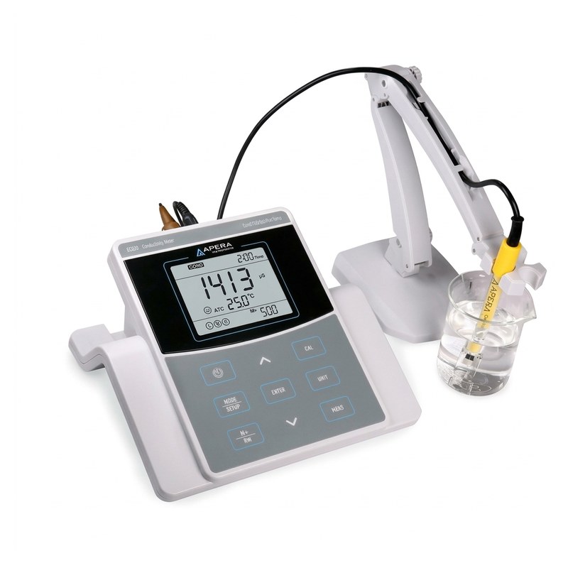 Conductimètre de paillasse Apera EC820 avec électrode sur bras flexible et bécher de calibration