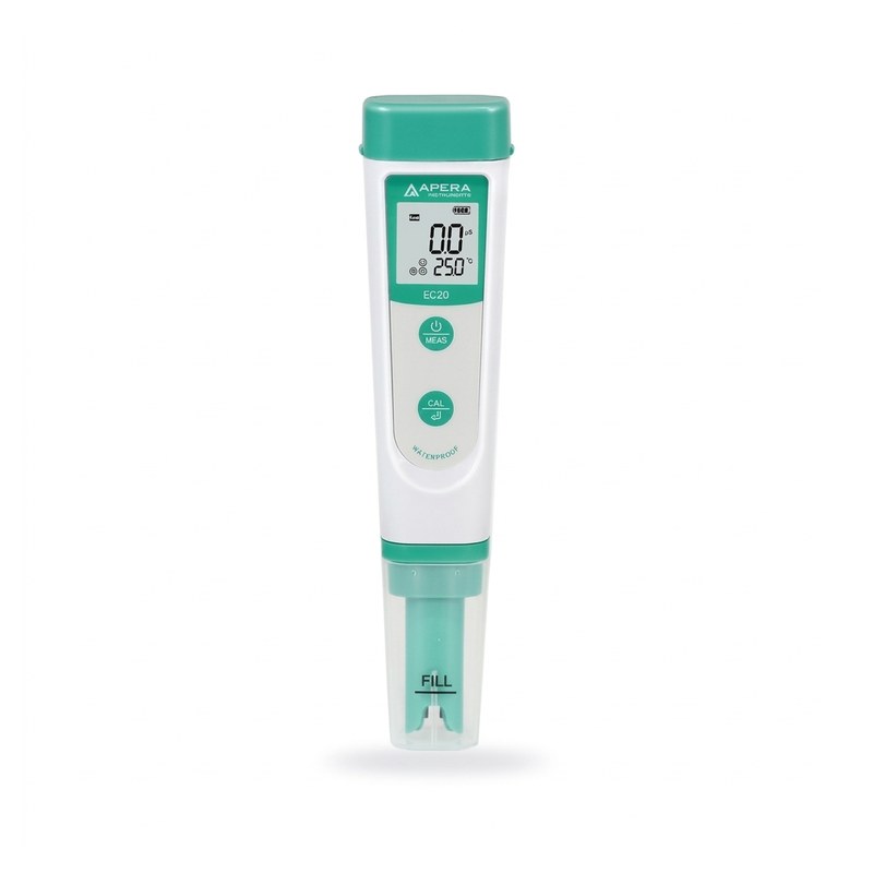 Conductimètre de poche Apera EC20 vert et blanc avec écran LCD et capuchon de remplissage