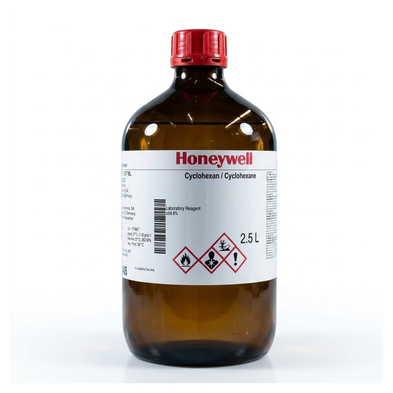 Bouteille en verre ambré de cyclohexane Honeywell 2,5 litres avec bouchon rouge et étiquette
