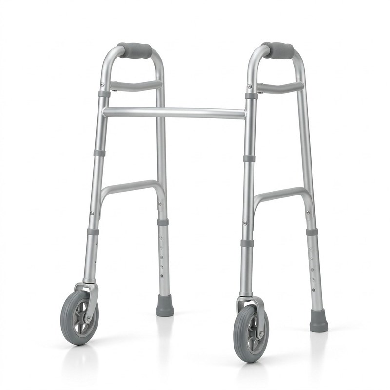 Déambulateur pliant en aluminium à deux roues avant et embouts arrière antidérapants