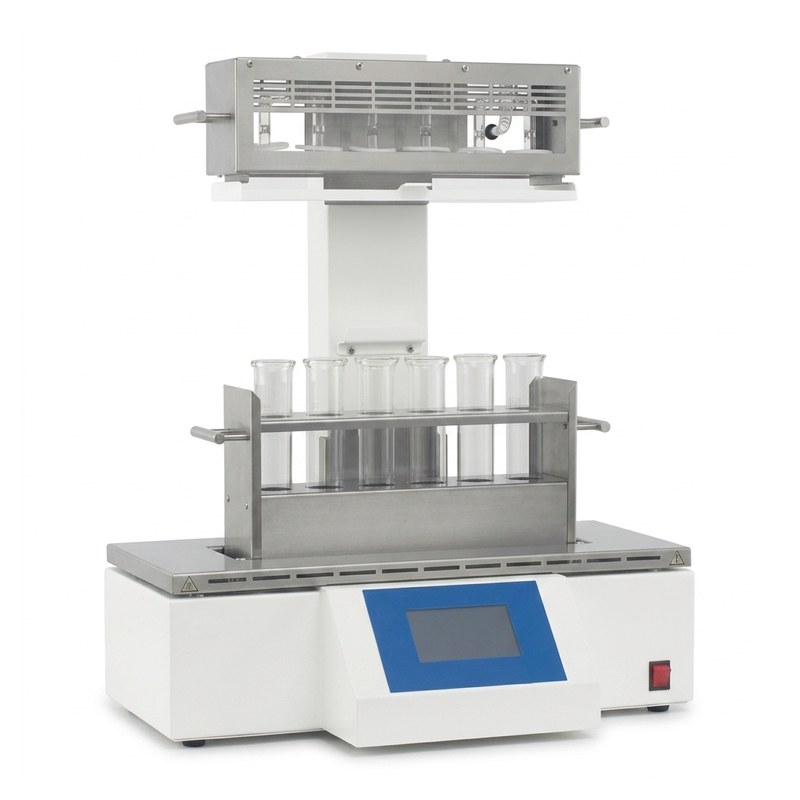 Digesteur infrarouge Beger IDU-8 avec rack de 8 flacons de digestion et écran tactile bleu