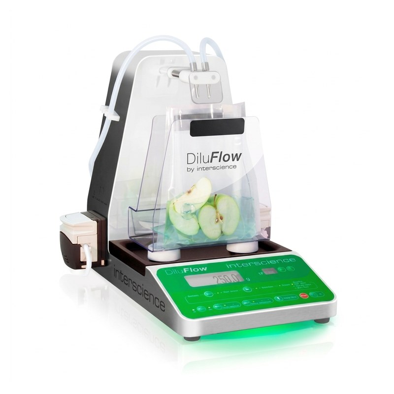 Dilueur gravimétrique DiluFlow Pro vert avec sac stomacher, pommes et bras robotisé
