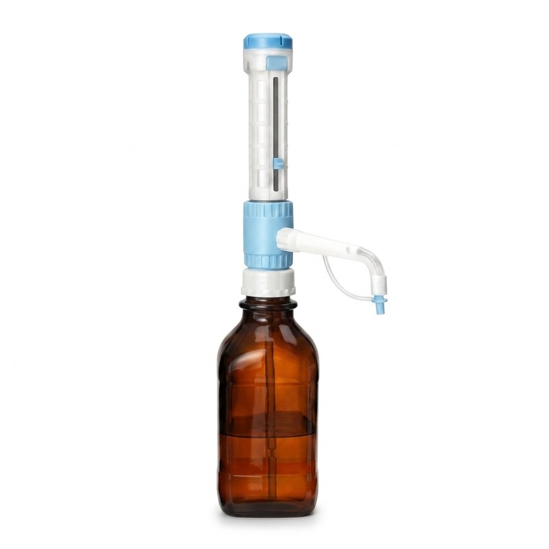 Distributeur à bouchon DispensMate monté sur un flacon en verre ambré