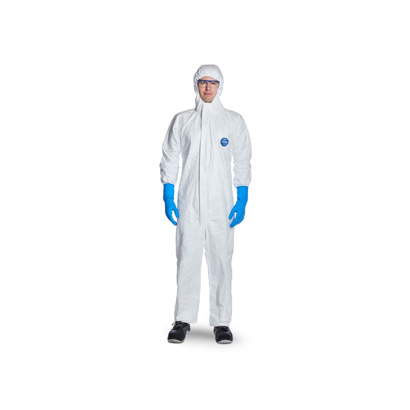 Combinaison de protection chimique blanche type Tyvek 500 Xpert avec capuche et zip sous rabat