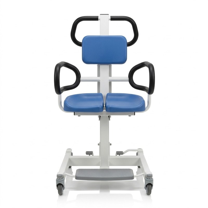 Élévateur de transfert assis compact, assise bleue en deux parties ouvrantes, colonne de levage blanche et base à roulettes
