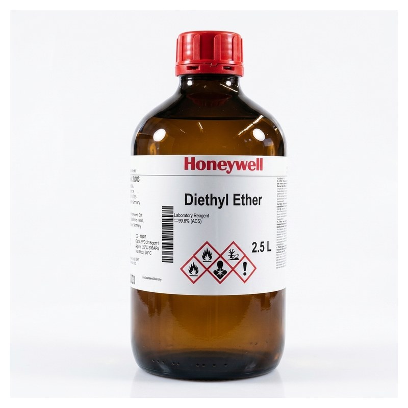 Flacon d'éther diéthylique Honeywell de 2,5 litres avec étiquette et pictogrammes