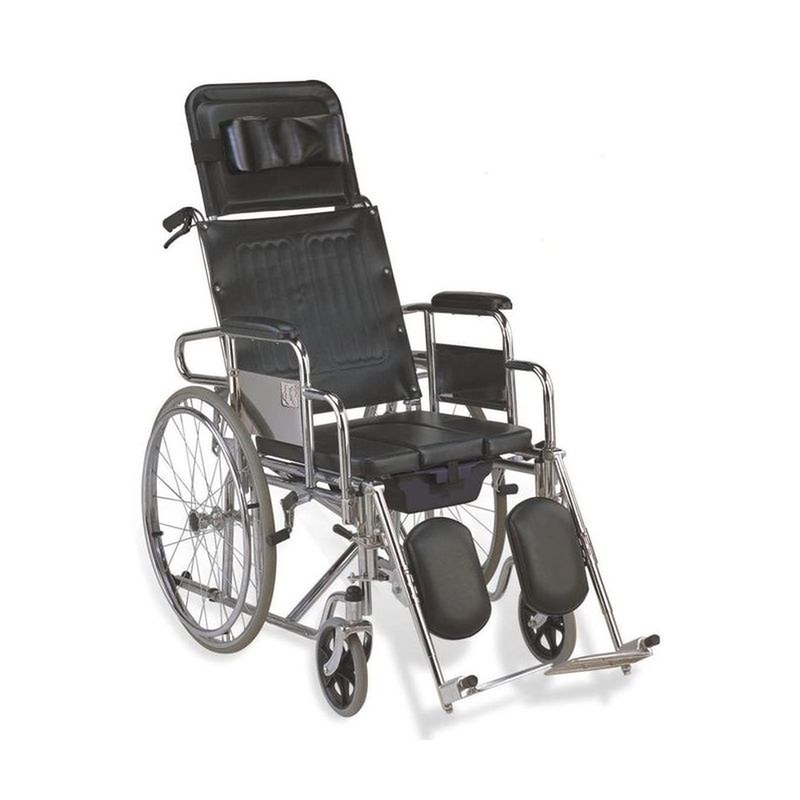 Fauteuil roulant de confort à dossier inclinable, châssis chromé, appuie-tête rembourré et repose-jambes relevables