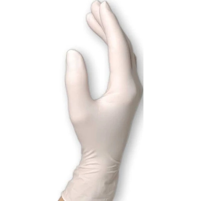 Gant stérile chirurgical en latex blanc porté sur une main, manchette longue au poignet