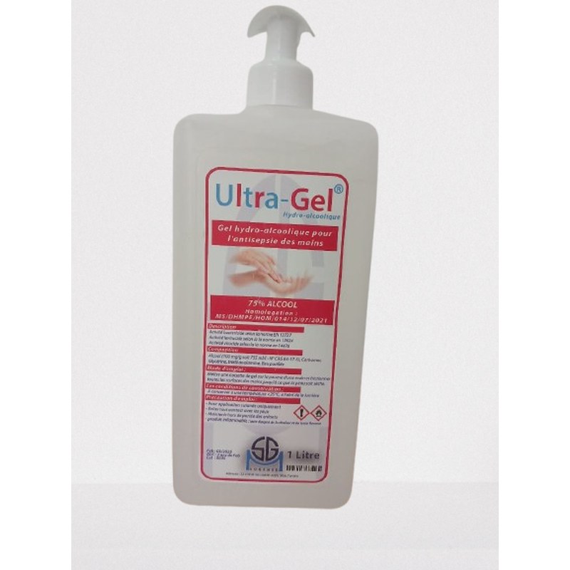 Flacon de 1 litre de gel hydroalcoolique pour l'antisepsie des mains avec pompe doseuse