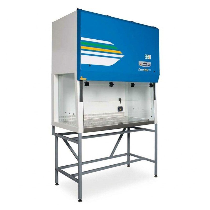 Hotte à flux laminaire verticale FlowFAST V bleue sur pieds, vitre frontale et plan de travail perforé