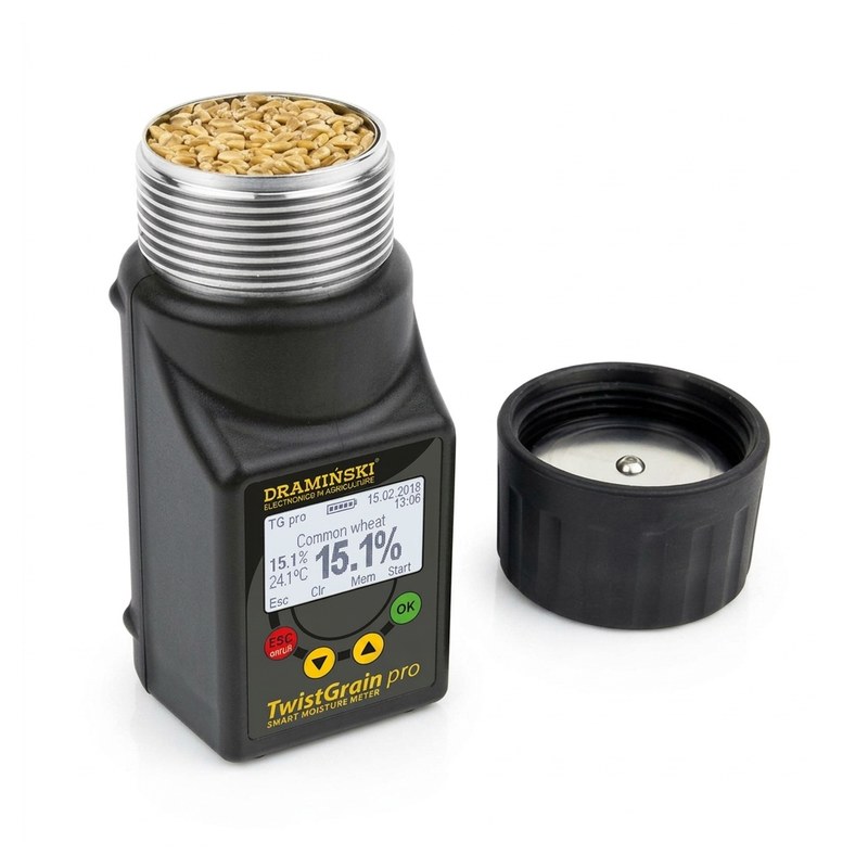 Humidimètre à grain Draminski TwistGrain Pro noir avec chambre remplie de blé et écran LCD