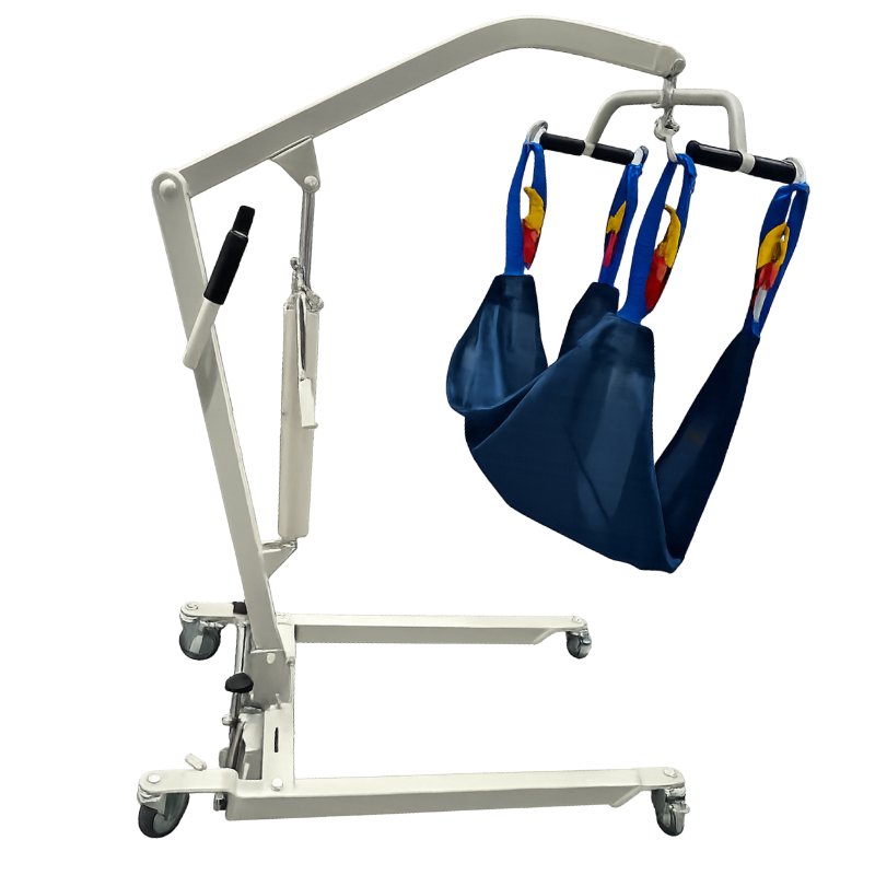 Lève-personne hydraulique à sangle, châssis blanc sur roulettes avec flèche et fléau, pour transfert de patient dépendant