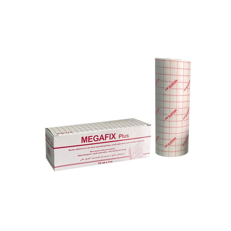 Bande adhésive non tissée Megafix Plus 15 cm x 5 m avec protecteur quadrillé, rouleau et boîte