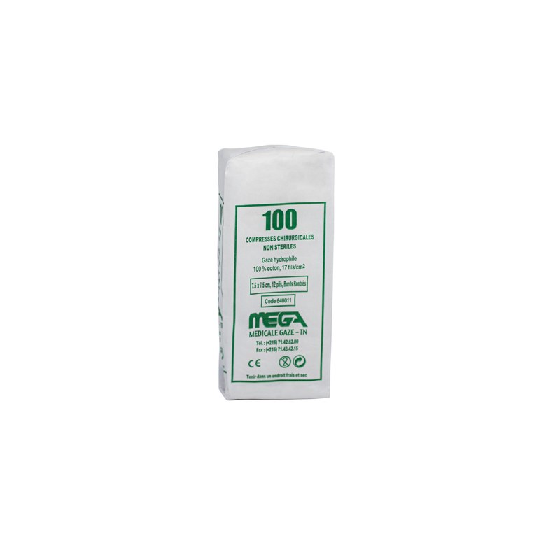 Paquet de 100 compresses chirurgicales non stériles MEGA 7,5 x 7,5 cm 12 plis, gaze hydrophile 100 % coton