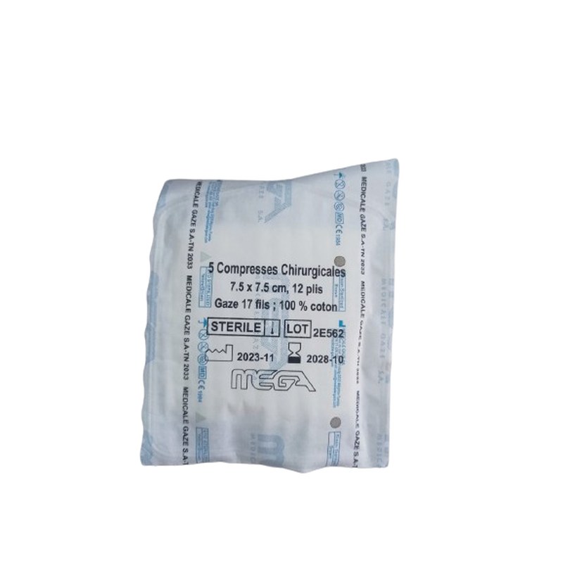 Sachet stérile de 5 compresses chirurgicales MEGA 7,5 x 7,5 cm 12 plis, gaze 17 fils 100 % coton
