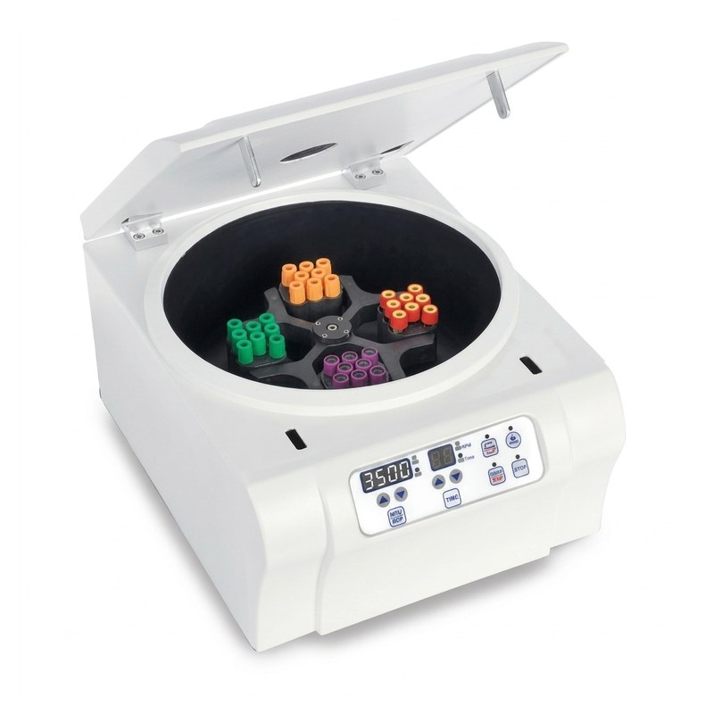 Mini-centrifugeuse 416, couvercle ouvert avec rotor et tubes colorés
